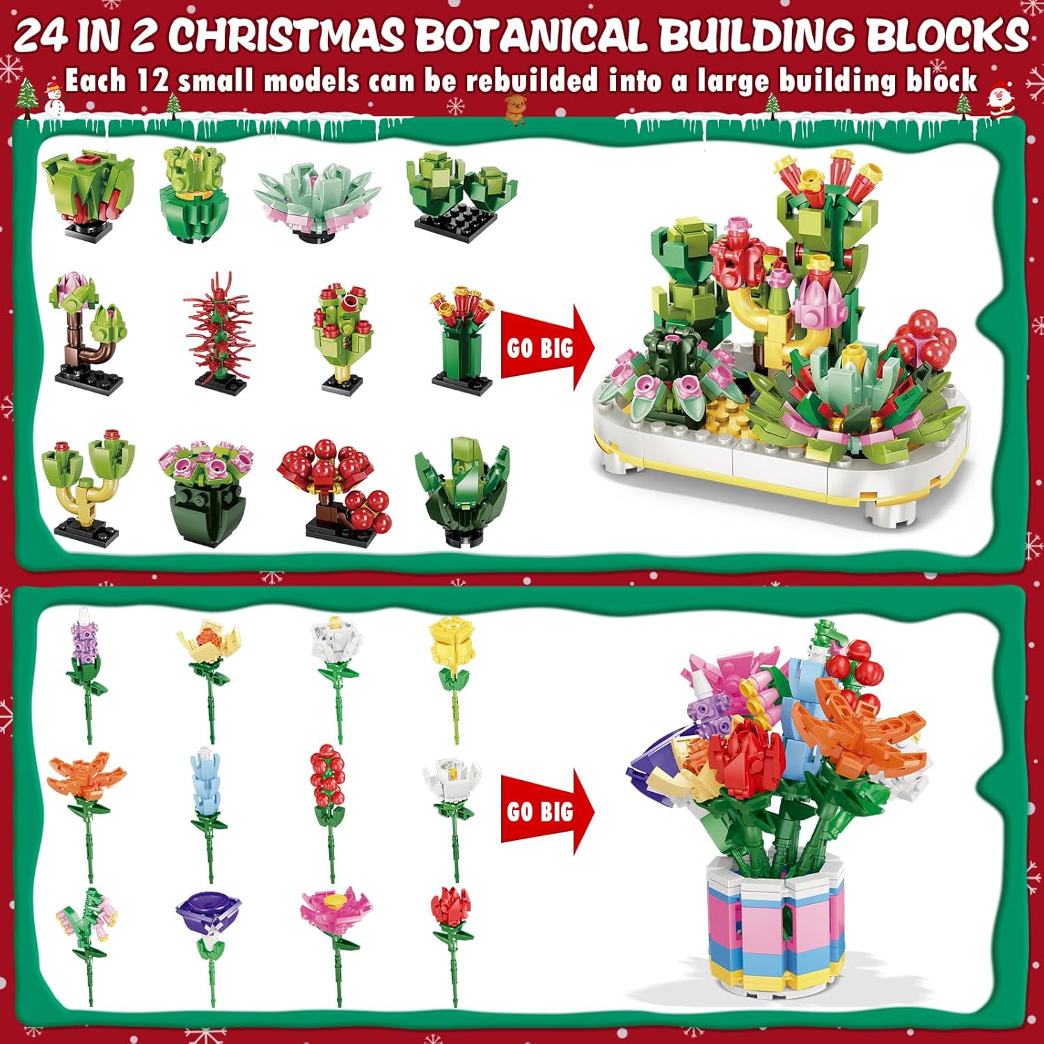 24 Days STEM Flower Bouquet Building Blocks Christmas Countdown Calendar Gifts Box